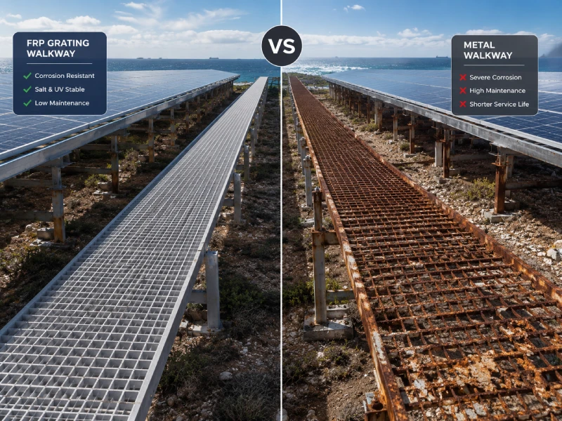 Pourquoi le réseau FRP est le meilleur matériau pour les passerelles d'exploitation et d'entretien photovoltaïques (réseau solaire FRP vs métal)