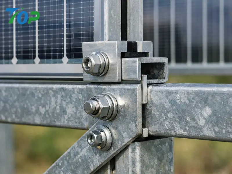 Close-up of bifacial solar panel clamp and galvanized steel mounting structure